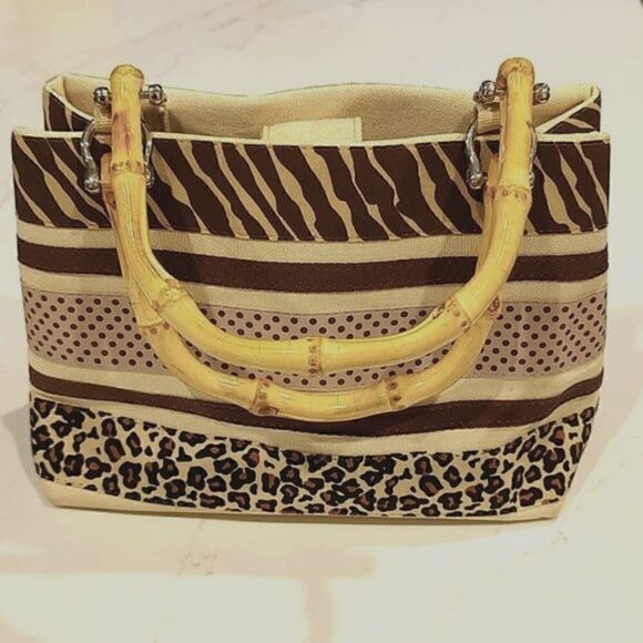 Alexandra Bartlett Bamboo Handle Striped Animal Print Small Tote Hand Bag - Picture 1 of 10